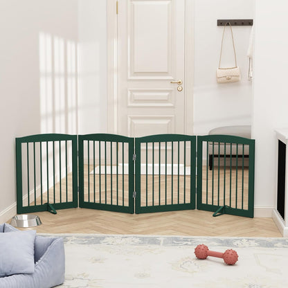 Freestanding Pet Gate for Dogs, Foldable Wooden Dog Gate for House, Indoor Dog Gate for Stairs, Doorways, Step Over Pet Puppy Safety Fence, 80 Inch Wide, 4 Panels 24", Green