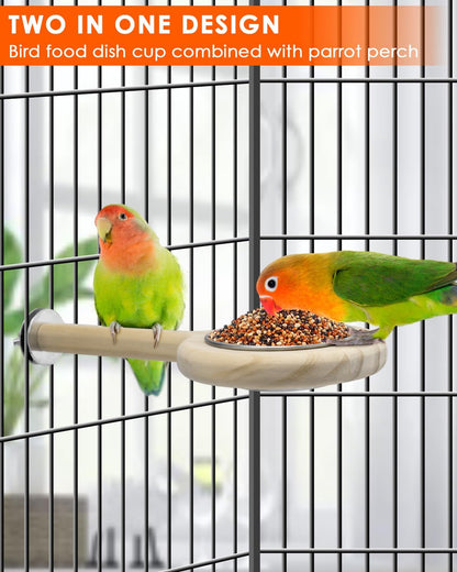 KATUMO Bird Perch Feeding Cup Birds Platform Parrot Wood Perch Stand Toy Cage Accessory for Parakeet Lovebird Cockatiel Conure Budgie Small Parrots (L Perch (Pack of 2))
