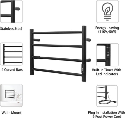 KEG Towel Warmer Wall Mounted with Built-in Timer 4 Bars Electric Stainless Steel Heated Towel Racks for Bathroom, Hot Plug-in Bath Towel Heater Matte Black