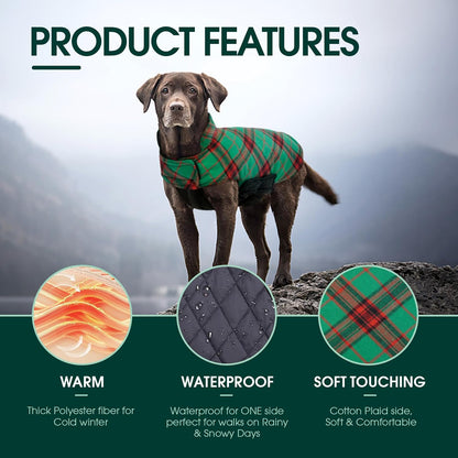 Kuoser Waterproof Dog Coat, Reversible Dog Jacket for Medium Dogs, Adjustable Durable Doggie Winter Coat Warm Puppy Cold Weather Apparel from Small to Large Breed, Christmas Green M
