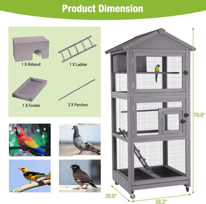 GUTINNEEN Large Bird Cage Outdoor Wooden Aviary Indoor on Wheels, with Play Stand, Perches, Nest Habitat & Wire Mesh Tray for Easy Cleaning