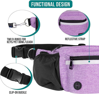 PetAmi Dog Fanny Pack, Treat Pouch for Dog Walking, Training, Built in Poop Bag Dispenser, Water Bottle Holder, Collapsible Bowl, Pet Treat Waist Belt for Hiking, Running, Kibbles (Purple)