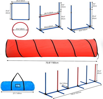 YITAHOME Dog Agility Training Equipment Set with Flexible Tunnel, Hurdle, Jump Ring, 6 Weave Poles, Pause Platform, Teaser Pole, 3 Flying Discs, and Carry Bags for Indoors Outdoors, Orange/Blue