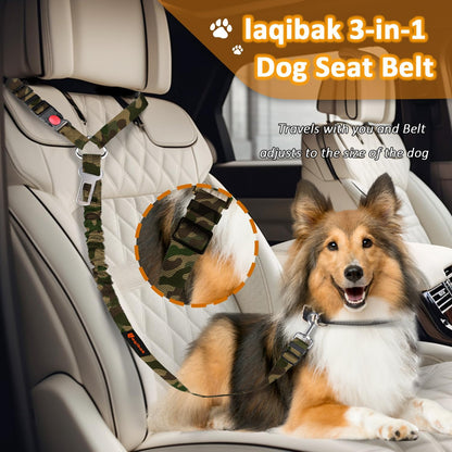 Removable Dog Seat Belt Harness for Car, 3 in 1 Pet Dog Car Seatbelt Leash, Retractable Restraint Secures to Vehicle Headrest & Adjustable Reflective Bungee Dog Seatbelt Tether, Camouflage