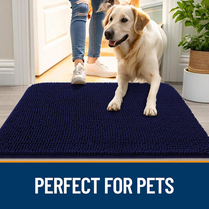 OLANLY Dog Door Mat for Muddy Paws 34x21, Absorbs Moisture and Dirt, Absorbent Non-Slip Washable Doormat, Quick Dry Chenille Mud Mat for Dogs, Entry Indoor Entryway Carpet for Inside Floor, Navy Blue