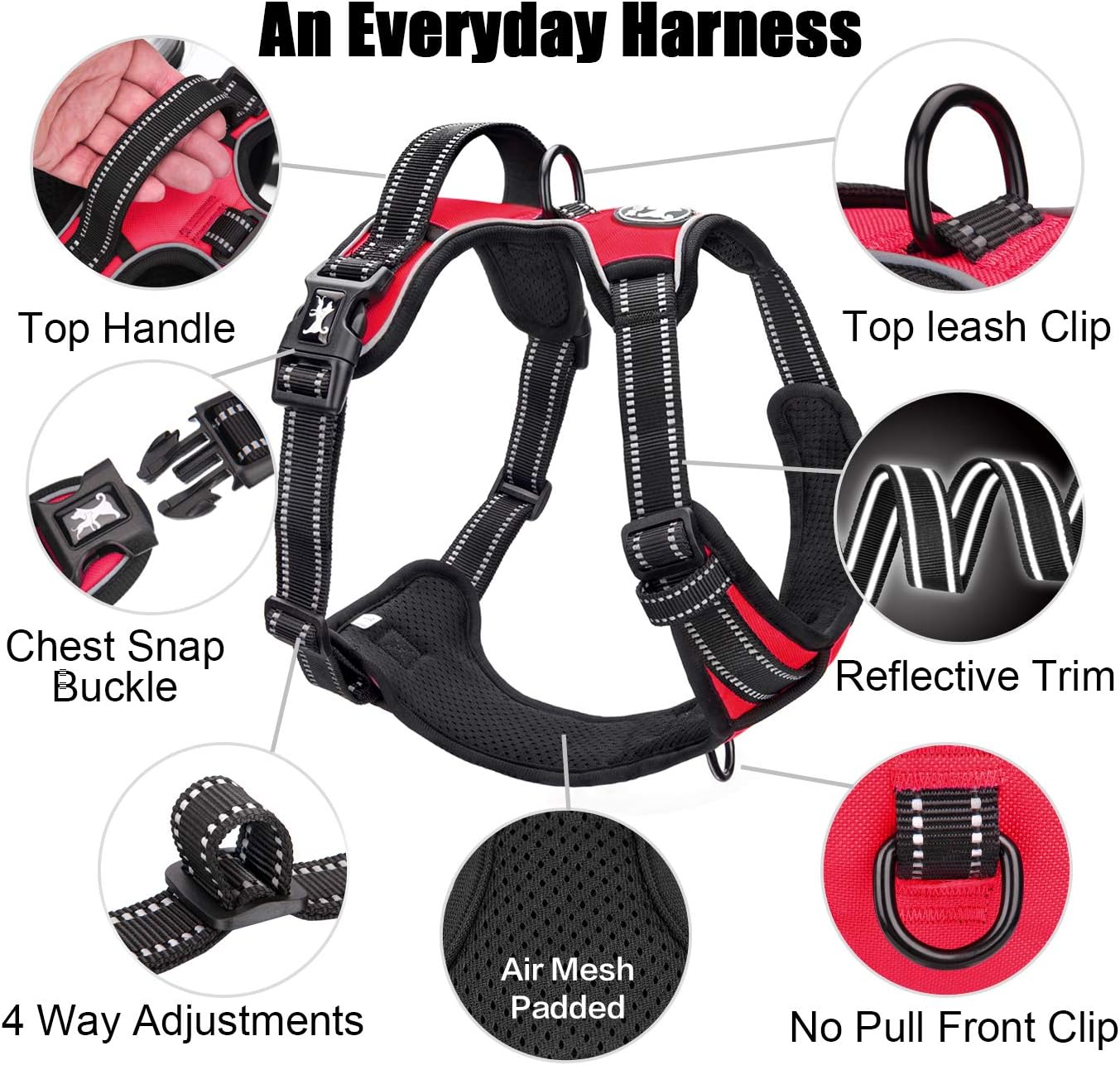 PoyPet No Pull Dog Harness, Reflective Comfortable Vest Harness with Front & Back 2 Leash Attachments and Easy Control Handle Adjustable Soft Padded Pet Vest for Small to Large Dogs (Red,XS)