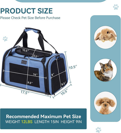 PETSFIT Pet Carrier, Dog Carrier Airline Approved, Collapsible Soft Sided TSA Approved Pet Carrier for Small and Medium Cats, Puppies Up to 12 Lbs, Cat Travel Carrier, Blue