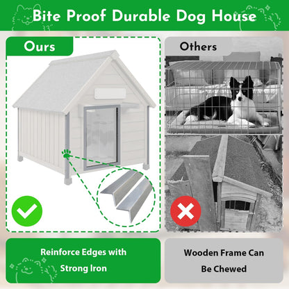 Outdoor Dog House Weatherproof Large Wooden Dog Kennel Indoor for Small Dogs with Chew-Proof Frame, Oxford Fabric Window, Removable Floor Pet Shelter (Grey, 26" D x 31.9" W x 32" H)