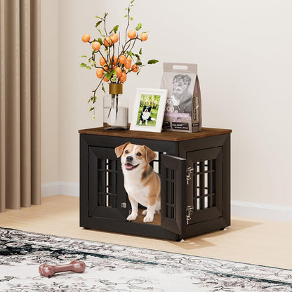 26" Heavy Duty Dog Crate Furniture for Small,Medium and Large Dogs,Rustic Wooden Dog Cage Kennel Indoor Furniture with Waterproof Top,Decorative Pet House Side End Table (Black & Wood)