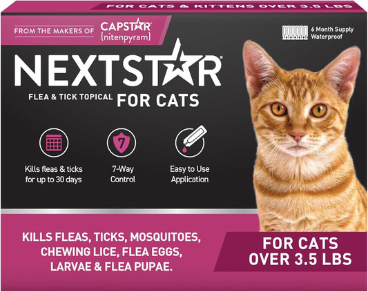 NEXTSTAR Flea and Tick Prevention for Cats, Repellent, and Control, Fast Acting Waterproof Topical Drops for Cats Over 3.5 lbs, 6 Month Dose
