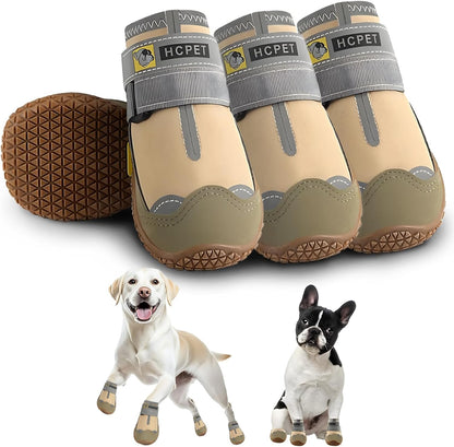 Hcpet Dog Shoes for Large Dogs, Waterproof Dog Booties for Small Medium Dogs, Anti-Slip Dog Boots & Paw Protectors for Hot Pavement Winter Snow Hiking with Reflective Straps Khaki Size 7