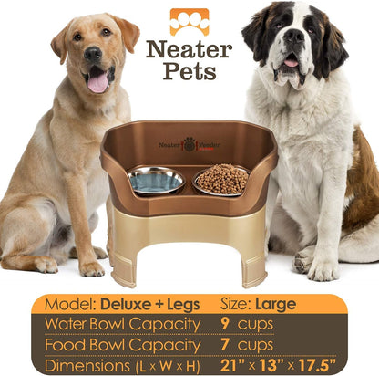 Neater Feeder Deluxe Mess Proof Dog Bowls Elevated for Large Dogs – Made in USA – No Spill Raised Dog Food Bowl Stand w/Leg Extensions – Stainless Steel Dog Food and Water Bowl Set – Bronze