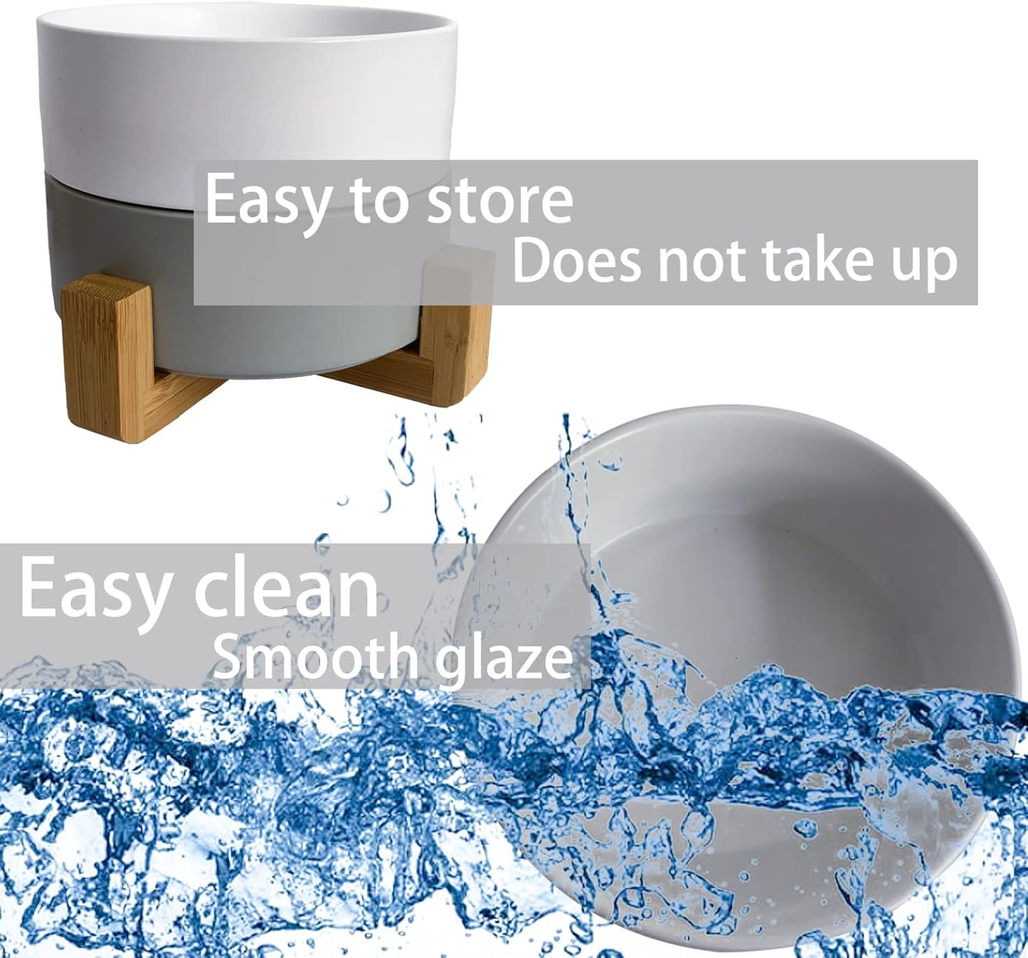 Ceramic Dog Cat Bowl with Wood Stand,Cat Food & Water Bowls Elevated Non-Spill Modern Cute Kitty Dishes Heavy Weighted Round Pet Dishes Set for Small Kitten Grown Cat(Grey)