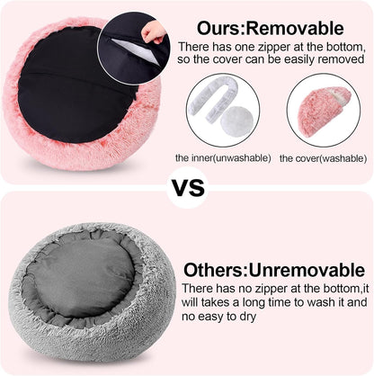 Calming Bean Mush Beds & Cat Cave with Hooded Cover, Removable Washable Round Beds for Small and Medium Pets, Anti-Slip Faux Fur, Fits Up to 15/25 lbs