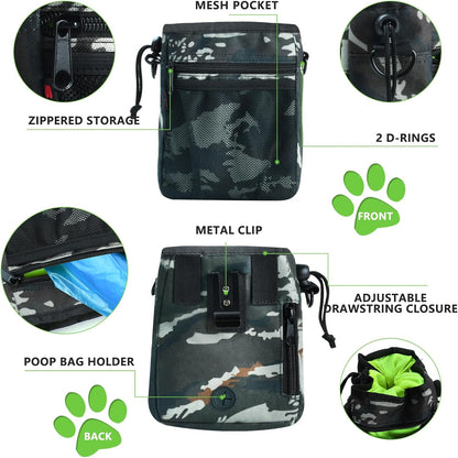 Dog Treat Pouch - 3 Ways to Wear Treat Pouches for Pet Training and 2 Pieces Clicker Taining for Dogs, Dog Training Treat Pouch Bag and Dog Clicker for Training with Waist Belt Shoulder Strap - Camo