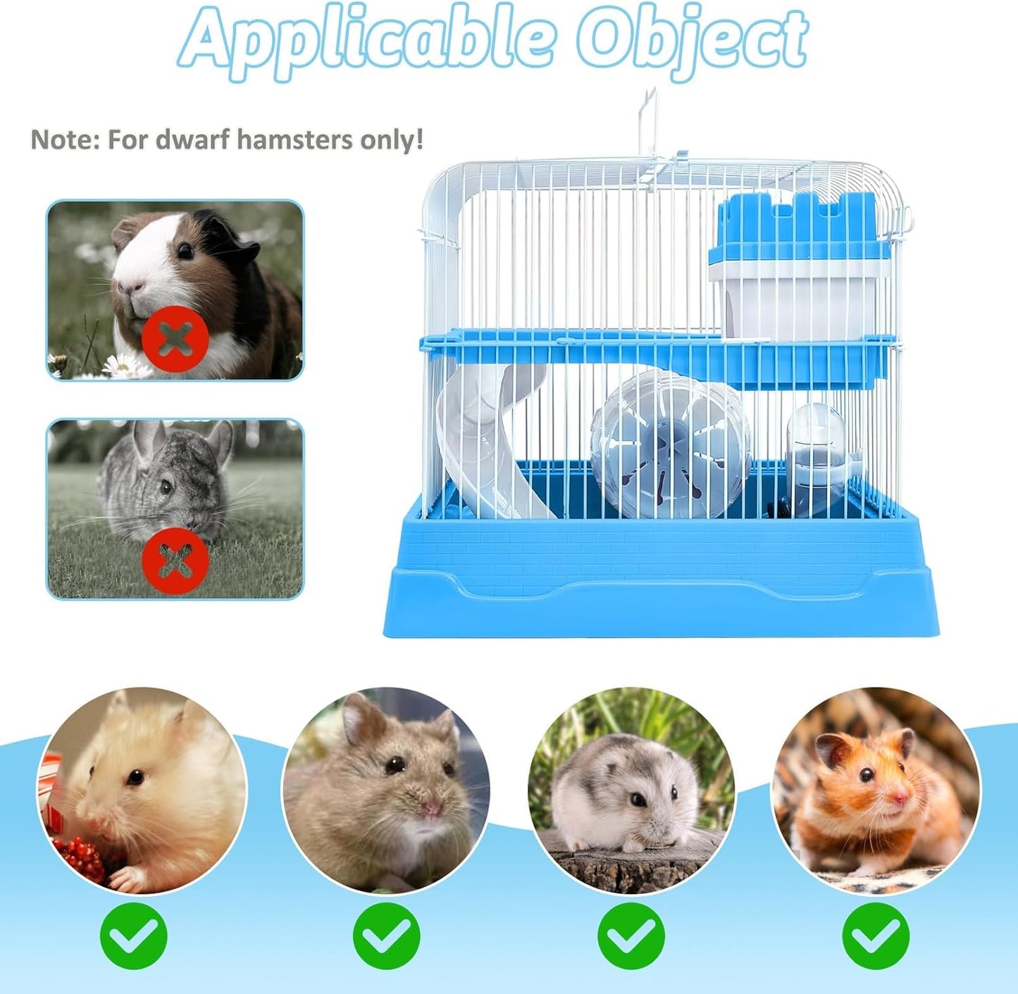 PINVNBY 2-Tier Dwarf Hamster Cage, Travel Portable Mouse Cage Gerbil Cages and Habitats Small Animal Carrier with Castle House Running Exercise Wheels, Water Bottle and Food Dish(Gray)