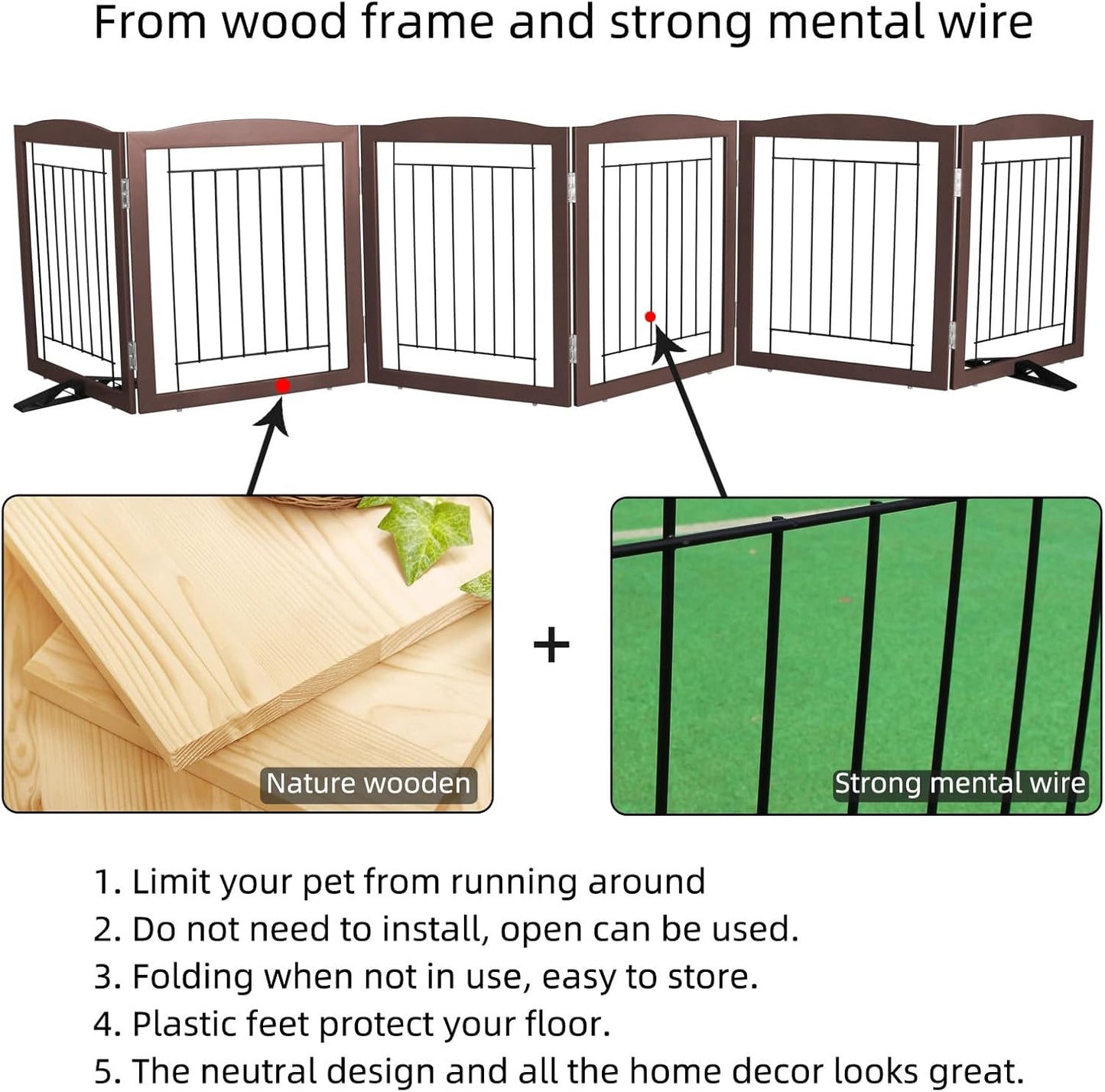 ZJSF Freestanding Dog Fence Indoor, Foldable Dog Gate for Doorways, Stairs or Hallways, Sturdy Wood Extra Wide Pet Gate with Support Feet for The House, Brown, 32 "Height-6 Panels