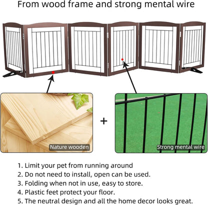 ZJSF Freestanding Dog Fence Indoor, Foldable Dog Gate for Doorways, Stairs or Hallways, Sturdy Wood Extra Wide Pet Gate with Support Feet for The House, Brown, 32 "Height-6 Panels