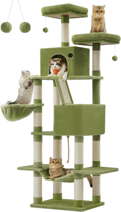Feandrea Cat Tree, 81.1-Inch Large Cat Tower with 13 Scratching Posts, 2 Perches, 2 Caves, Basket, Hammock, Pompoms, Multi-Level Plush Cat Condo for Indoor Cats, Green UPCT190C01