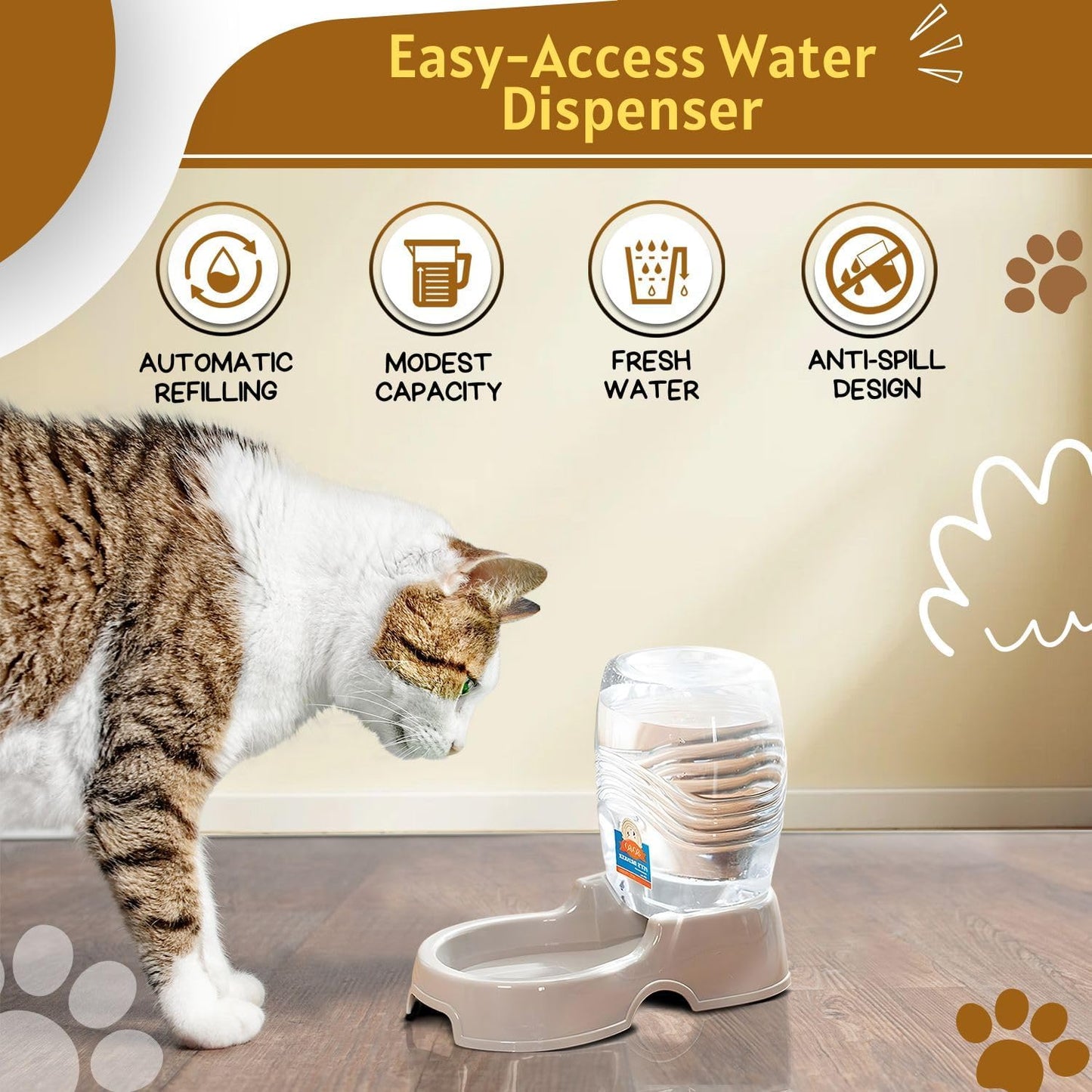 Flexzion Automatic Gravity Pet Waterer for Cat & Dog - Non-Skid & Easy-Clean Auto Replenish Water Dispenser Drinking Bowl (1/4 Gallon/ 900ml), Beige