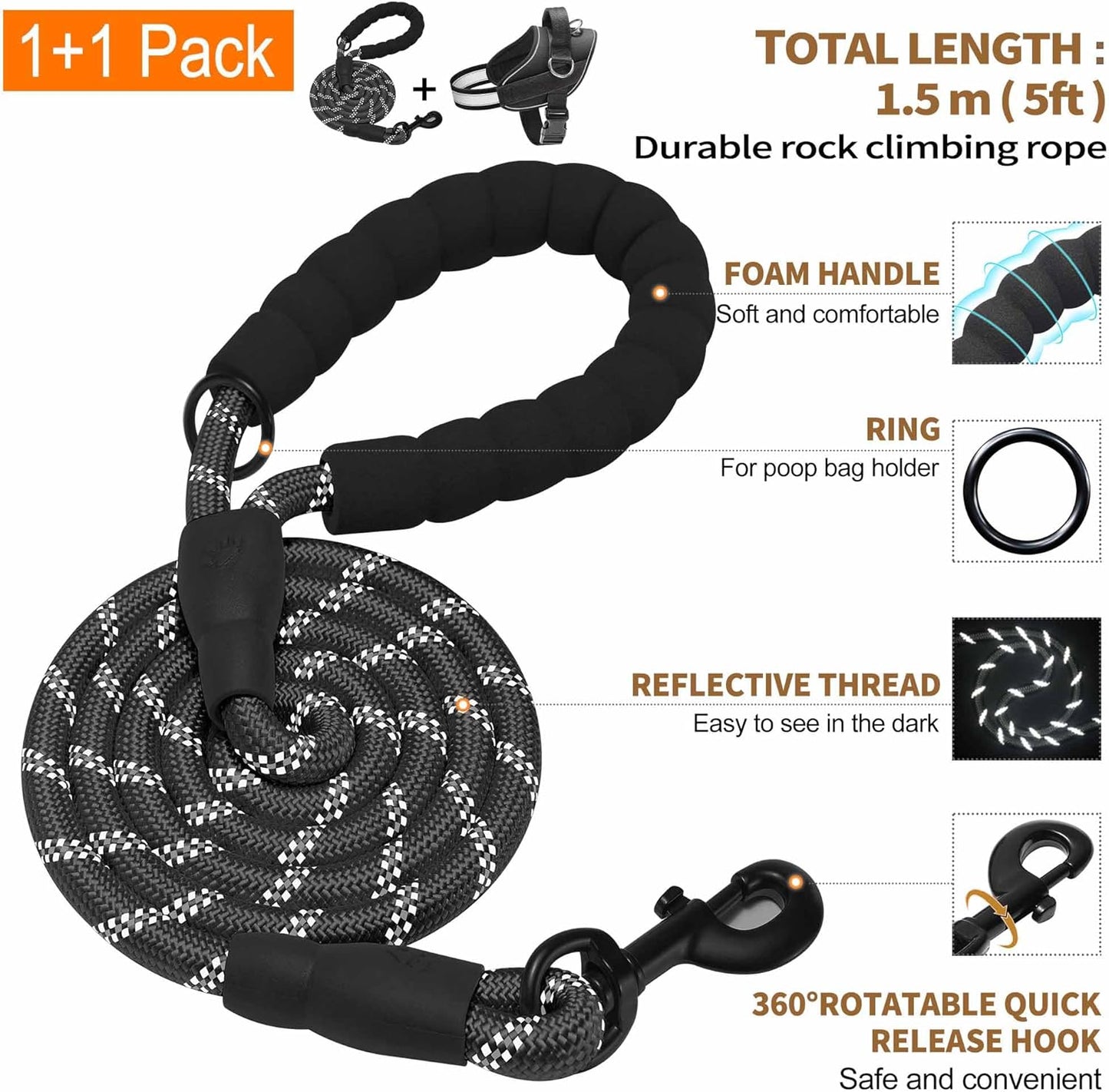 Haapaw Essential Dog Harness, No Pull Pet Vest with 3 Leash Clips, No Choke, Reflective, Adjustable and Padded, for Easy Walking and Training for Large Dogs(L, Black)