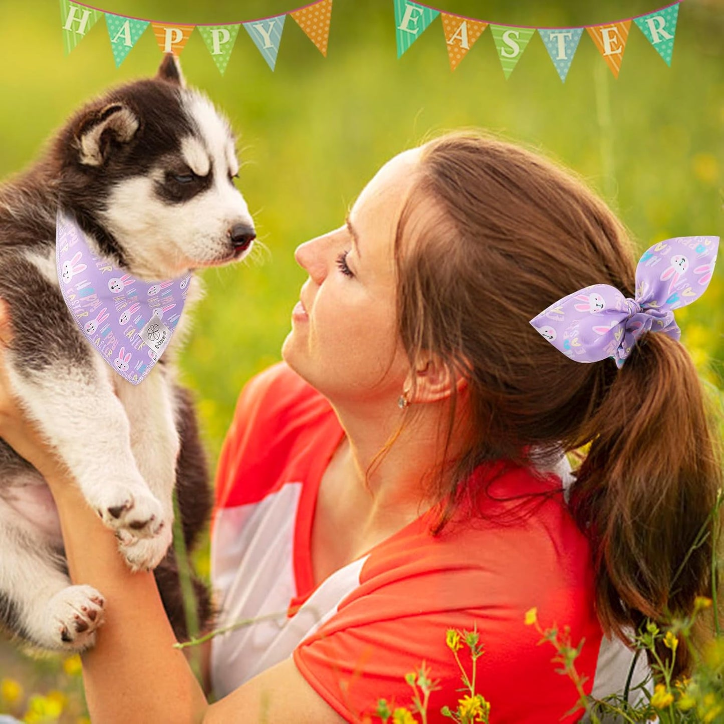 E-Clover Easter Dog Bandana & Matching Scrunchie-Bunny Dog Bandanas Pet Scarf Bib for Samll Dogs Puppy Girl Boy Owner Gift Purple
