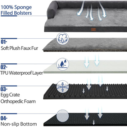 Orthopedic Dog Beds for Extra Large Dogs, Memory Foam Dog Couch Beds with Comfy Bolster, Waterproof Dogs Beds XLarge, Removable Washable Cover and Nonskid Bottom (X-Large, Dark Grey)