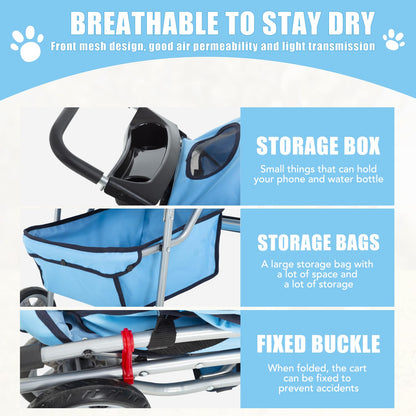 Dog Stroller, Folding 4 Wheels Pet Stroller for Small Medium Dog Cat Travel Carrier with Weather Cover Storage Basket Cup Holders Blue