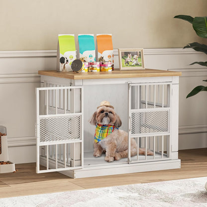 VOPEAK Dog Crate Furniture, Chew Resistant Dog Crate for Dogs, Heavy Duty Dog Crates Dog Kennel Cage Indoor with Double Doors, End Table for Bedroom Living Room (White, 27.5" L x 20" W x 23.6" H)