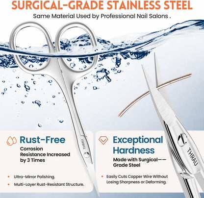 THRAU Right-Handed Cuticle Scissors – Surgical Grade Stainless Steel with Sharp Curved Tip for Cuticles, Nails, Eyebrows, Eyelashes, Nose Hair & Beard – Ideal for Manicure & Precise Grooming
