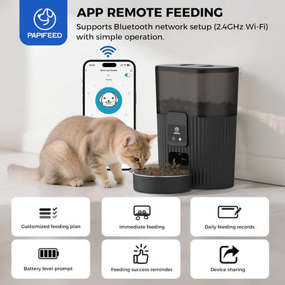 PAPIFEED Automatic Cat Feeder 3.5L/15 Cup 2.4G WiFi Pet Feeder for Dog Work with Alexa & Echo Timed Cat Food Dispenser for Remote Feeding with Stainless Steel Bowl up to 10 Meals Per Day with APP