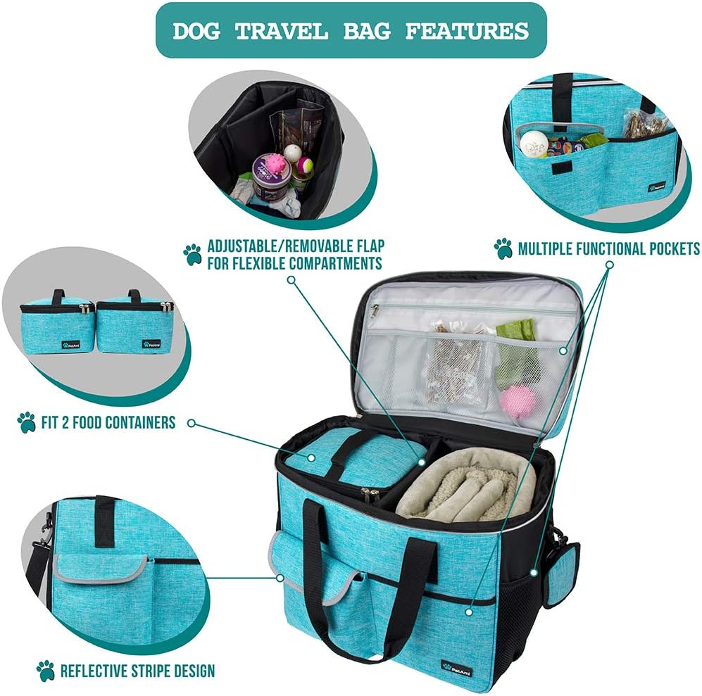 PetAmi Travel Bag Organizer - Dog & Cat Diaper Bag with Food Container and Bowls, Perfect for Weekend Camping (Sea Blue, Large)