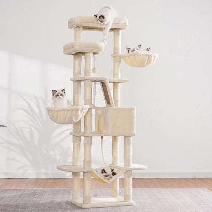 Heybly Cat Tree, 68 inch Multi-Level Cat Tower for Indoor Cats, 2 Widened Plush Perches Cat Condo with Scratching Board and Big Caves, Beige HCT025M