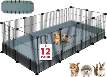 12 Panels Small Animal Playpen,Pet Playpen with Waterproof Mat,C&C Cage for Guinea Pigs,Puppy Play Pen,Bunny Playpen,Indoor Outdoor Portable Metal Wire Yard Fence