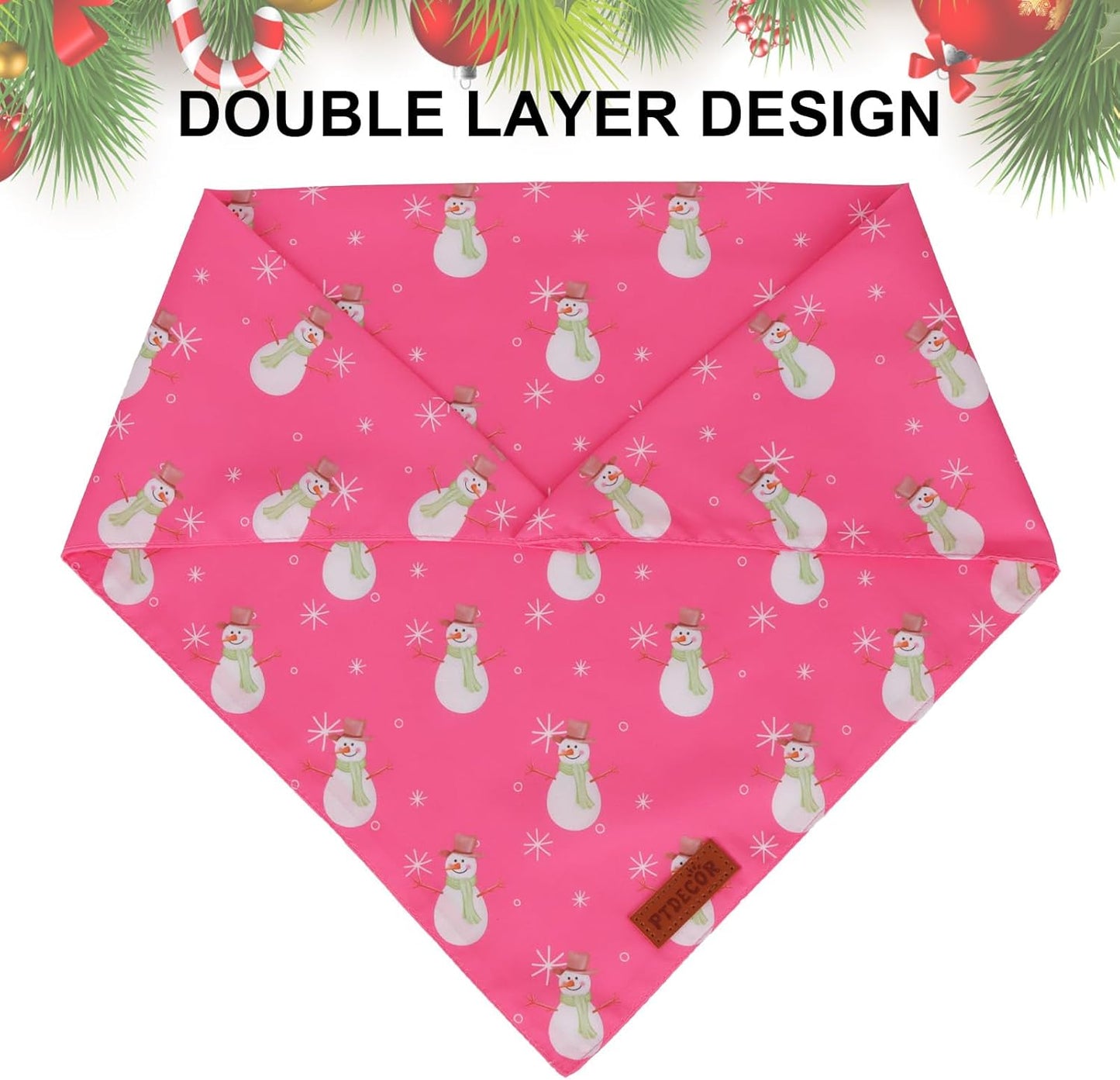 PTDECOR Christmas Dog Bandana, Santa Snowman Design Reversible Holiday Pet Scarf, Pink Triangle Fit Female Christmas Bandanas for Medium Large Dogs Pets (Large)