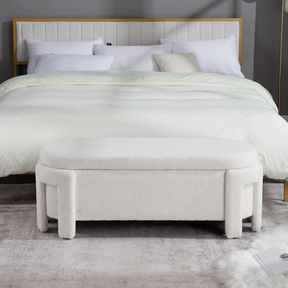 Modern Upholstered Storage Bench, Boucle Sherpa Fabric 50" Long Entryway Bench with Storage and Seating, Comfy Cute Ottoman Bench for Living Room/End of Bed/Hallway, White