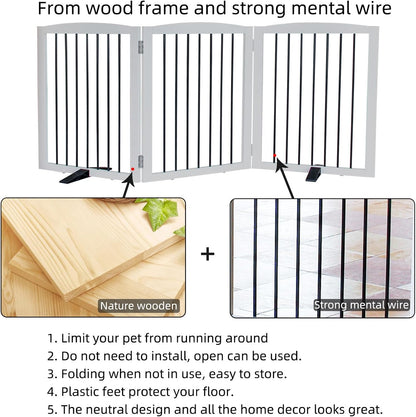 ZJSF Freestanding Panel Dog Gate for Indoor, Doorways,Stairs, or Hallways,Foldable Wooden White Pet Gates for House,Pet Gate for Dogs,Dog Fence, Puppy Gate,Support Feet Included,24 "Height-3 Panels