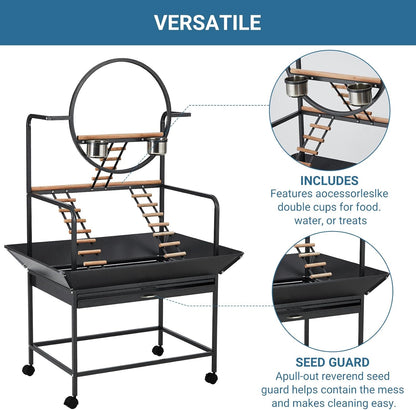 Bird Playstand, 66'' H Inch Birdcage Stand Activity Play Center with Perches and Ladders, Removable Tray, Indoor Outdoor Playground for Parakeet,Cockatiels Conures Parrots, Lockable Caster,Black