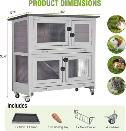 2 Story Rabbit Hutch Indoor Outdoor Rabbit Bunny House Guinea Pig Cage Wooden Pet House for Small Animals with 2 Large Rooms, Chewproof Ramp, Ventilation Door, Removable Trays (Grey)