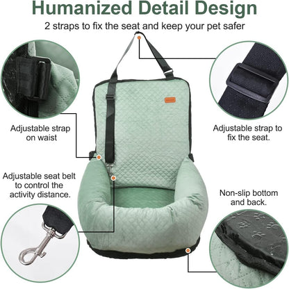 Dog Car Seat for Small Medium Dogs Up to 40lbs, Detachable Washable Soft Pet Booster Travel Bed for Front & Green Seat with Safety Leash Belt