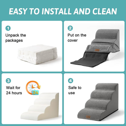 Dog Stairs for Small Dogs 19.7" H, Curved Dog Step for Puppy, Older or Cat, Medium Pet Ramp for Sofa, Couch or Bed, Ladder with High Density Foam, 15.7x28.3x19.7 inch, 4 Step, Light Grey