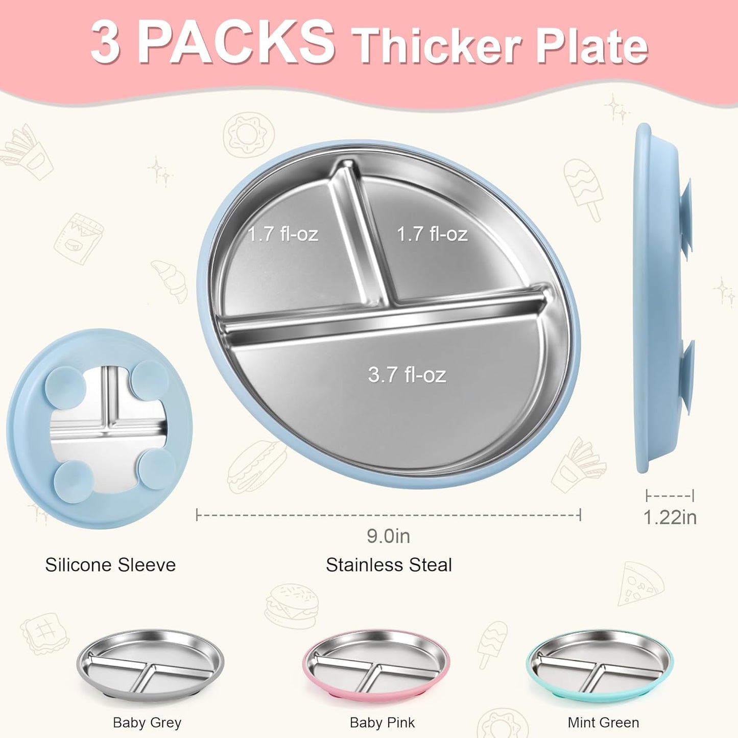 Stainless Steel Toddler Plates Silicone Suction,3 Packs Non-Slip Baby Plates,Divided Portion,Food-Grade Silicone Plate for Kids,LEAD-FREE Dishwasher Safe,Grey Green Pink