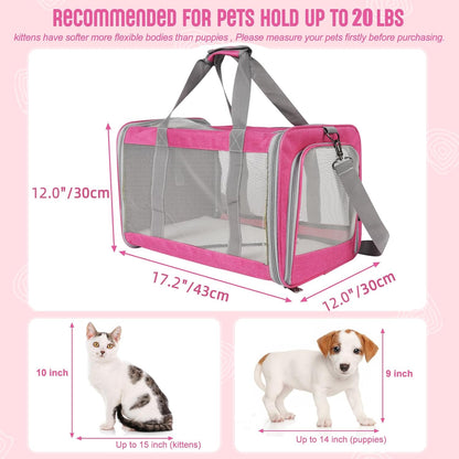 Pet Carrier for Large Cats of 20 Lbs, Collapsible Carrier Bag for Big Cat or 2 Kittens,Soft Sided Puppy Carrier with Sturdy Travel Transport Strap, Adequate Ventilation, 4 Mesh Windows (Pink)