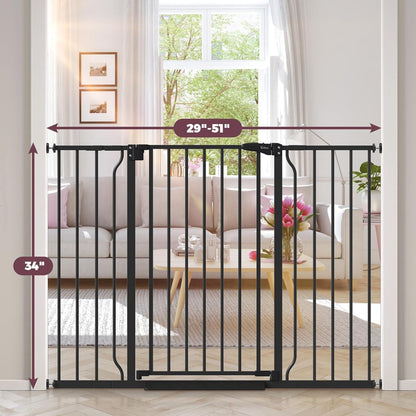 34" Extra Tall Baby Gate for Stairs, Auto Close Stroller Friendly Dog Gate Indoor for Doorways, Pressure Mounted 29"-51" W Baby Gate, Easy Walk Through Gate for Children & Pets, Black
