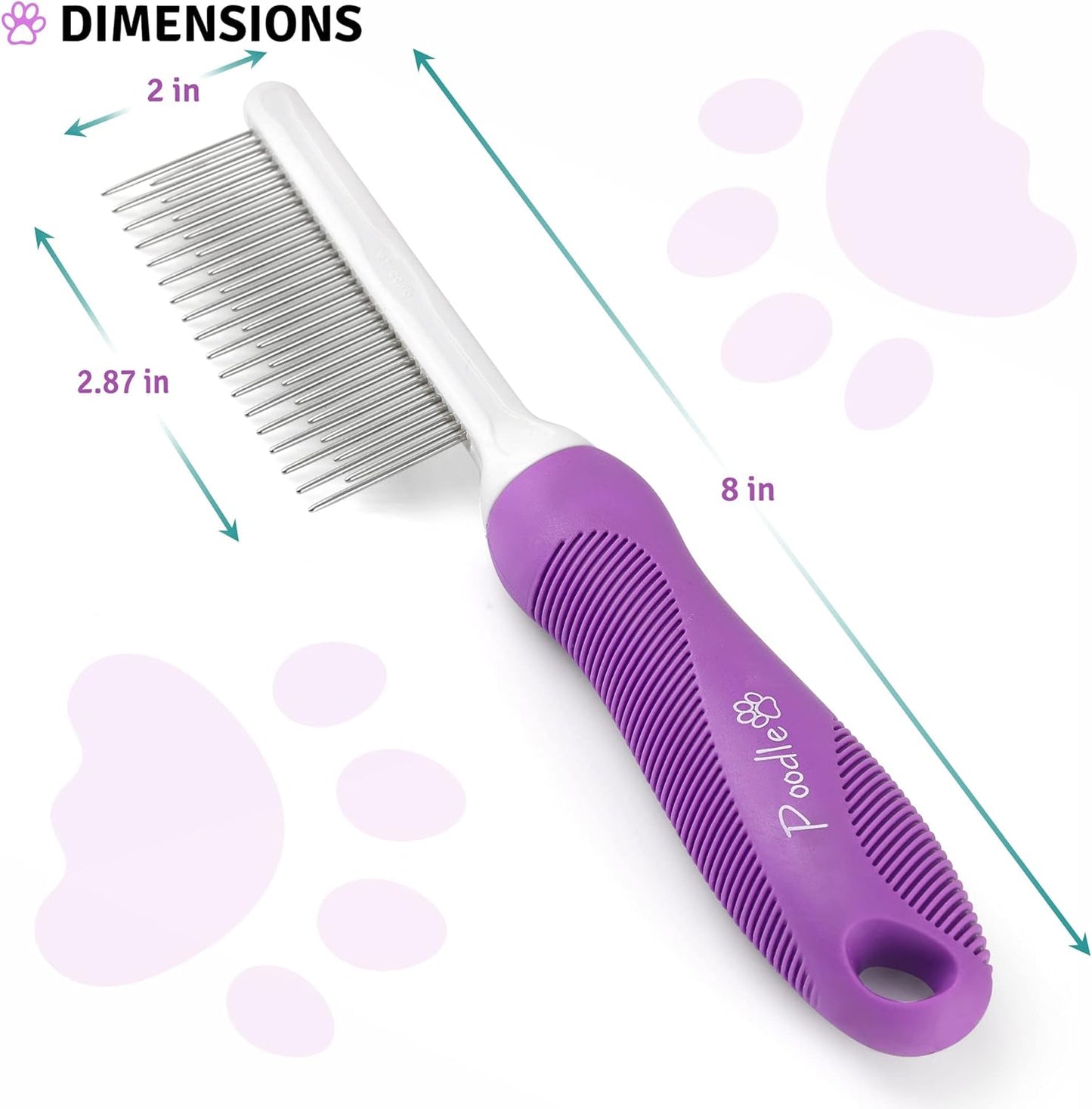 Poodle Pet Detangling Pet Comb with Long & Short Stainless Steel Teeth for Removing Matted Fur, Knots & Tangles – Detangler Tool Accessories for Safe & Gentle DIY Dog & Cat Grooming