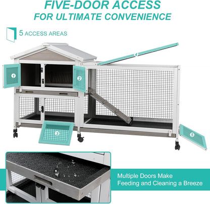 2-Tier Rabbit Hutch with Wheels, Indoor & Outdoor Small Animal Cage with Deep Pull-Out Tray, Anti-Chew Frame, Habitat for Bunny, Guinea Pig, Chinchilla (60" L x 19" W x 35" H)
