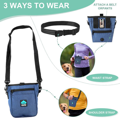 Dog Treat Pouch Magnetic Closure with Training Clicker，Hands-Free Design to Prevent Spills，Built in Poop Bag Dispenser，3 Ways To Wear，Metal Clip Waist Belt and Fanny Pack for Pet Walking（Blue）