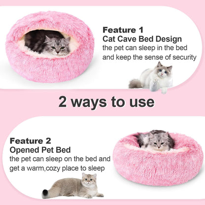 Calming Dog Beds with Hooded Cat Cave Cover - Removable, Washable Round Beds for Small to Medium Pets, Anti-Slip Faux Fur Fluffy Cover for Improved Sleep - Fits up to 15/25 lbs (Pink, M)