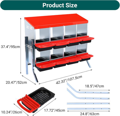 Nesting Boxes for Chickens, Chickens Laying Boxes for Chicken Coop with Legs, 8 Compartments Chicken Nesting Boxes, with Removable Tray, Easy Cleaning, for Hens Outdoor Chicken Coop Farm Yard, Red
