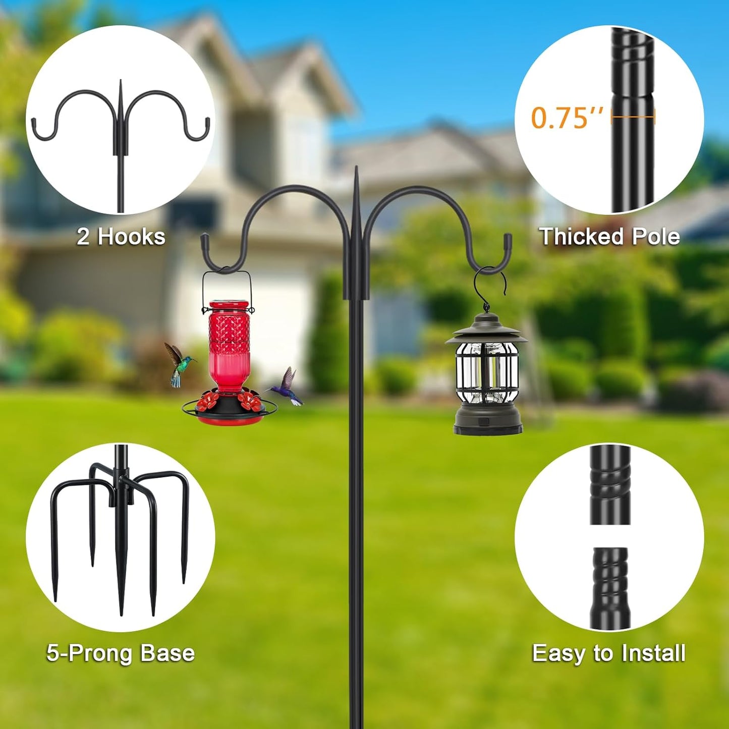 FEED GARDEN Adjustable Double Shepherds Hook for Outdoor with 5 Prong Base 108 Inch Heavy Duty Two Sided Bird Feeder Pole for Hanging Plant Baskets, Solar Light Lanterns, Wind Chimes 2 Pack